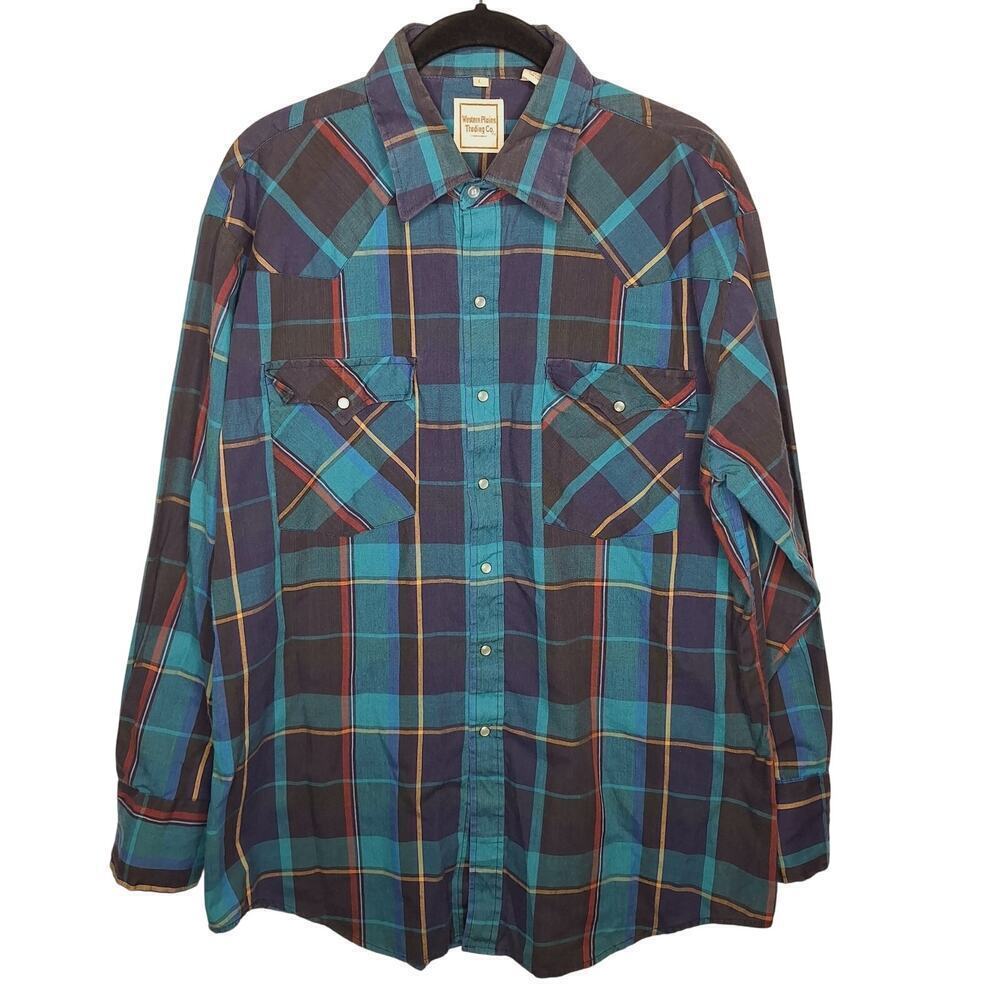 Vintage Western Plains Trading Pearl Snap Shirt Men's Large Plaid Teal Turquoise